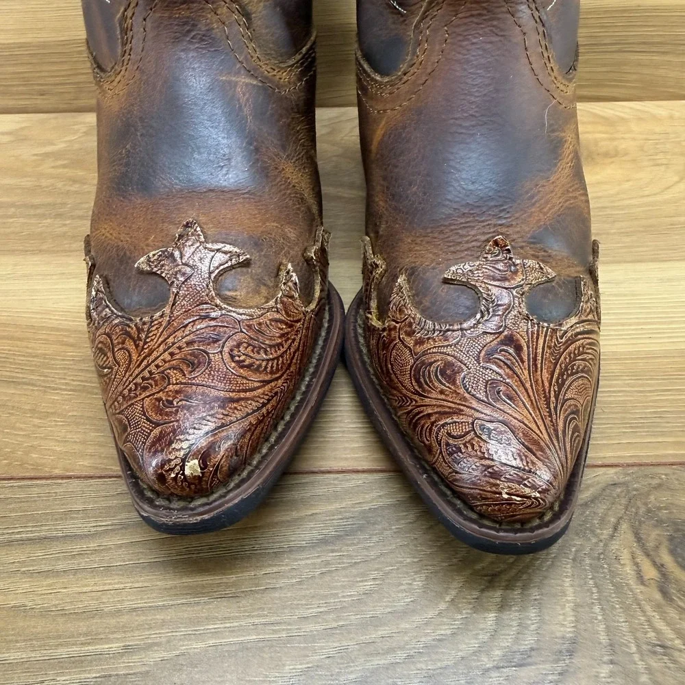 Tony Lama Vaquero Brown Western Boots Girls 12 Brown Tooled‎ Leather Rodeo Ranch